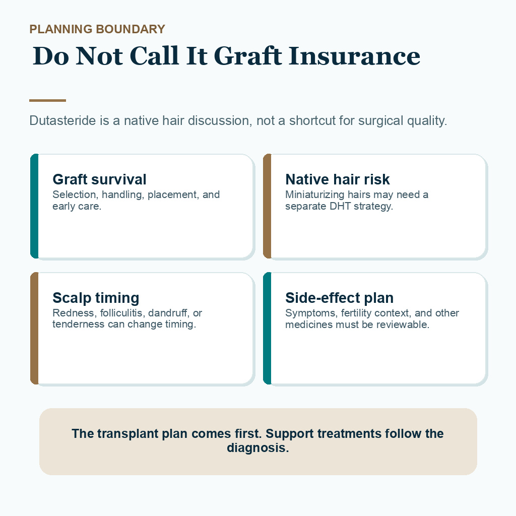 Information card separating graft survival, native hair risk, scalp timing, and side effect review for dutasteride injections after hair transplant
