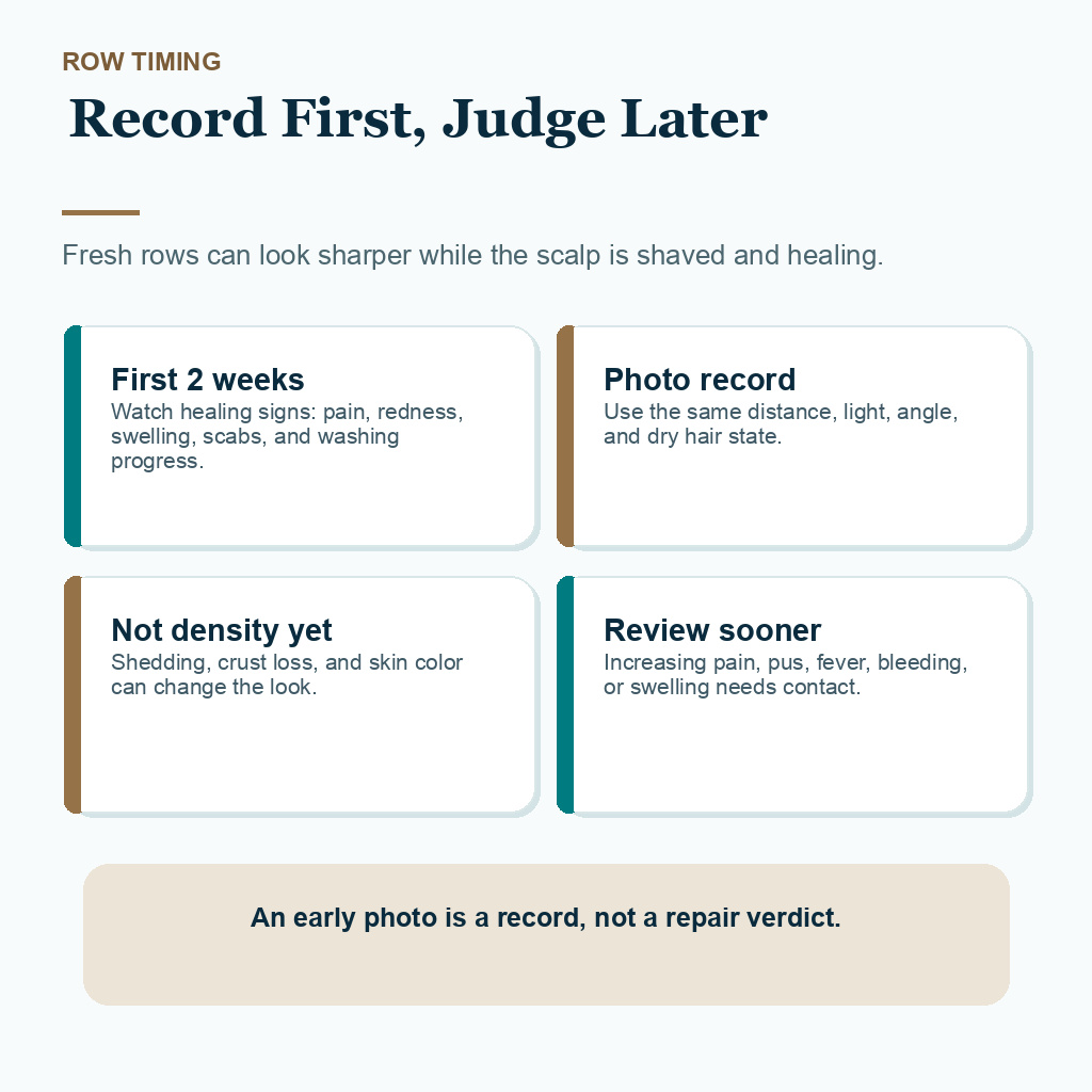 Information card explaining why early visible graft rows should be recorded before judging density or repair