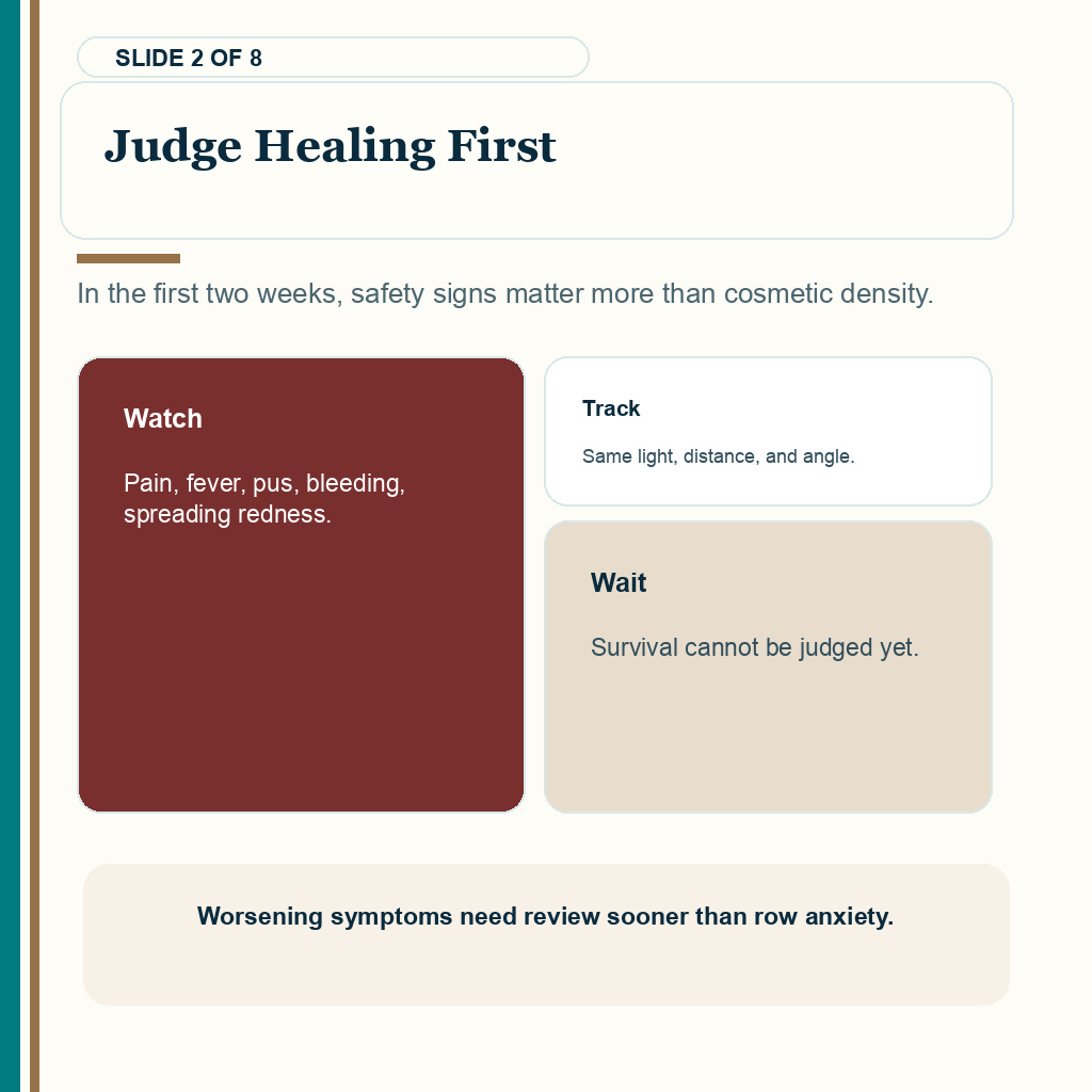 Judge healing first for visible graft rows after FUE.