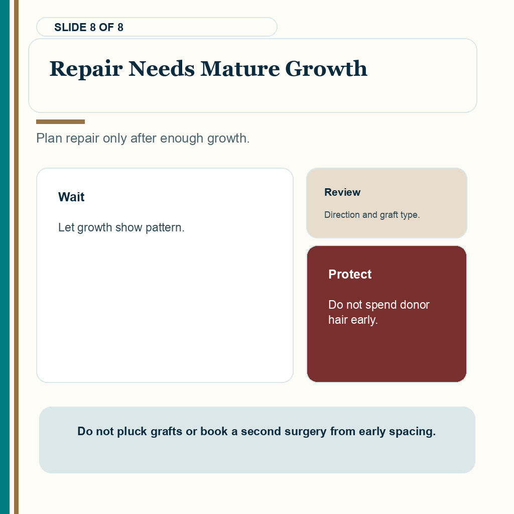Repair needs mature growth for visible graft rows after FUE.