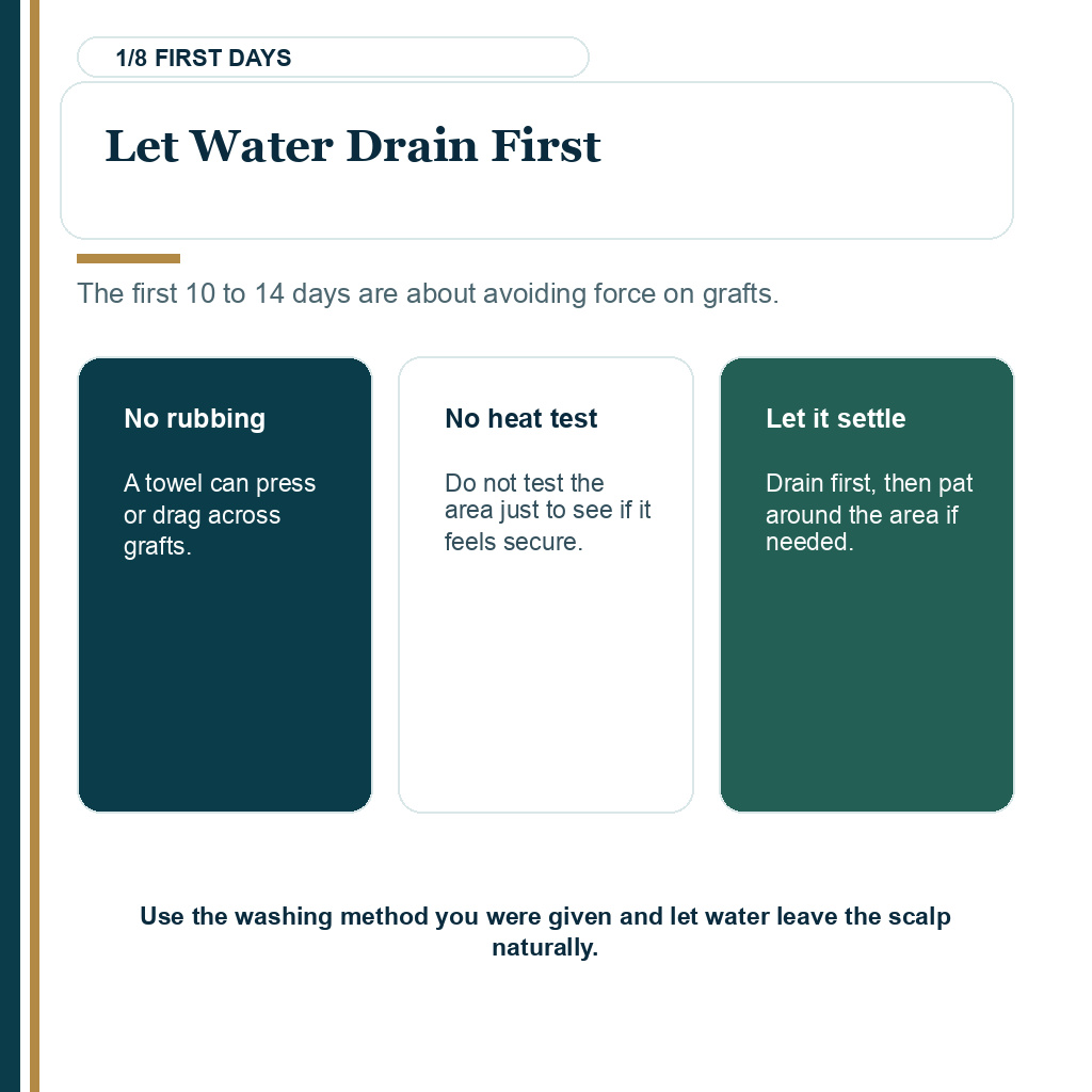Hair dryer recovery slide 1 showing let water drain first after hair transplant