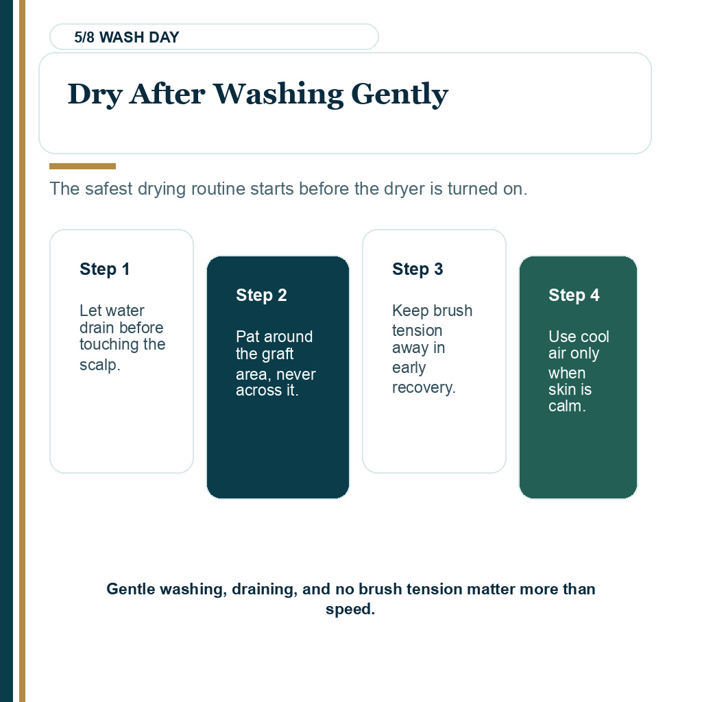 Hair dryer recovery slide 5 showing dry after washing gently after hair transplant