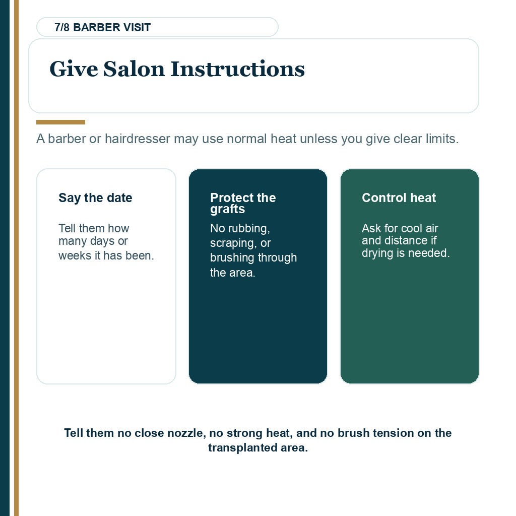 Hair dryer recovery slide 7 showing give salon instructions after hair transplant