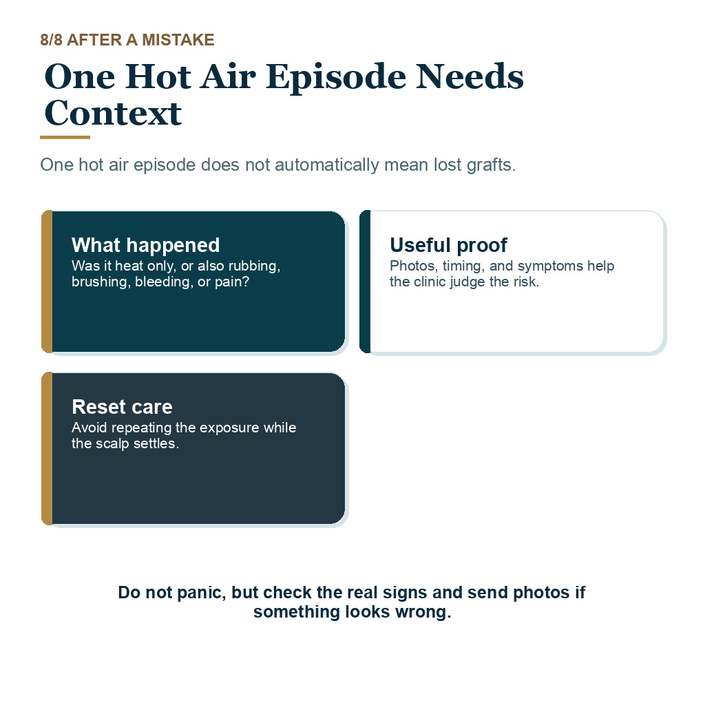 Hair dryer recovery slide 8 showing one hot air episode needs context after hair transplant