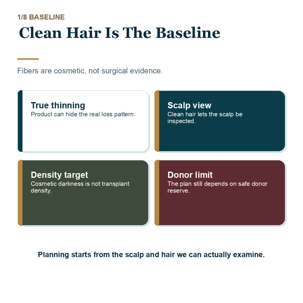 Clean hair baseline for hair transplant planning when hair fibers are used