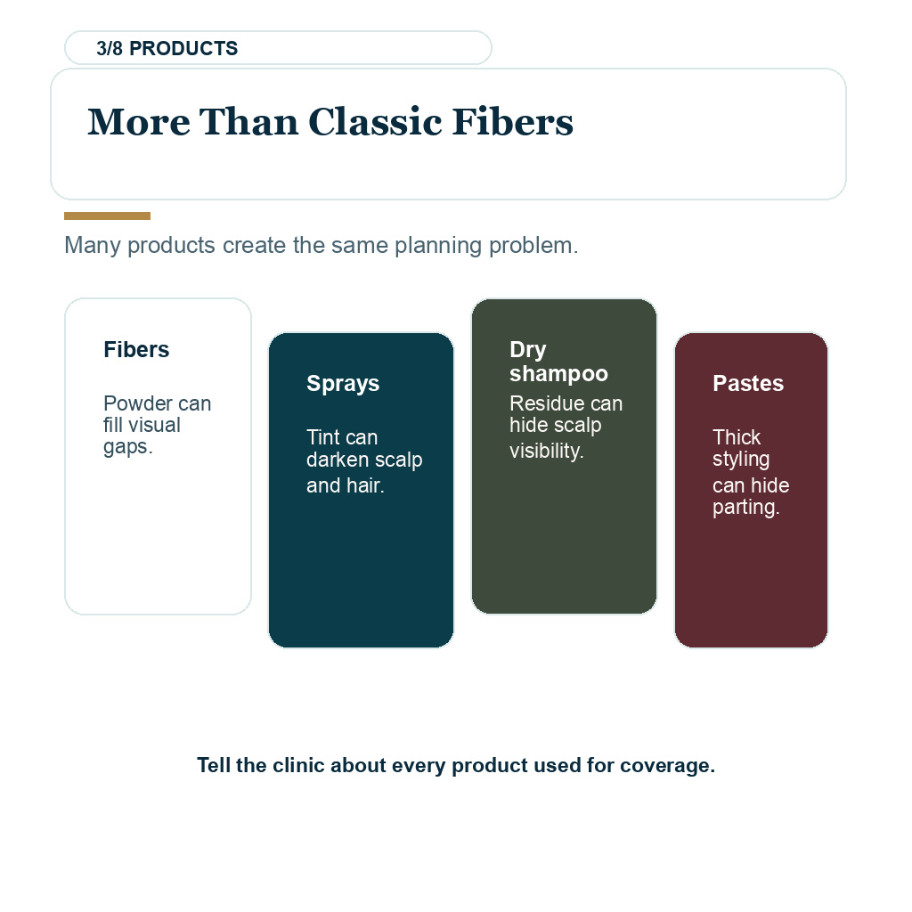 Hair fibers sprays and scalp concealers disclosed before hair transplant
