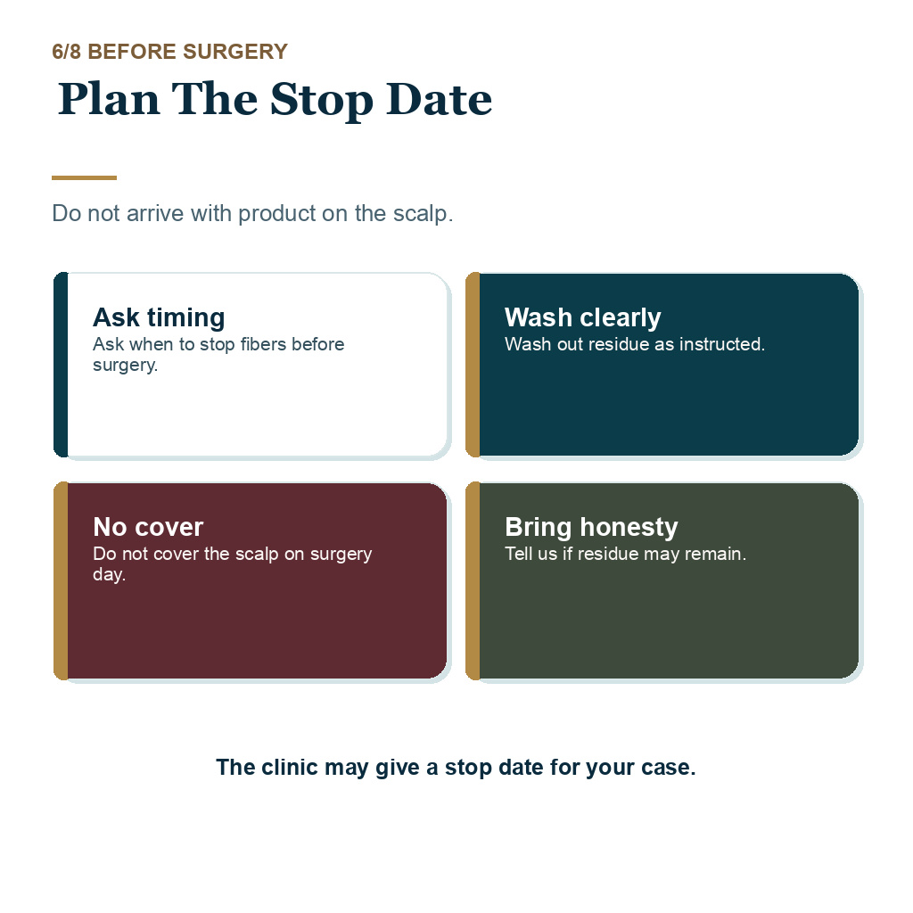 Stop date planning for hair fibers before hair transplant surgery
