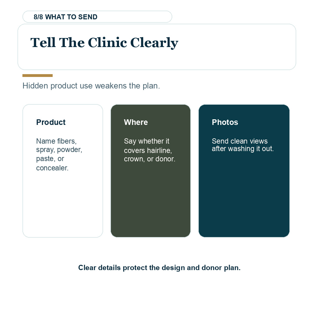 Tell the clinic about fibers sprays dyes and scalp concealers