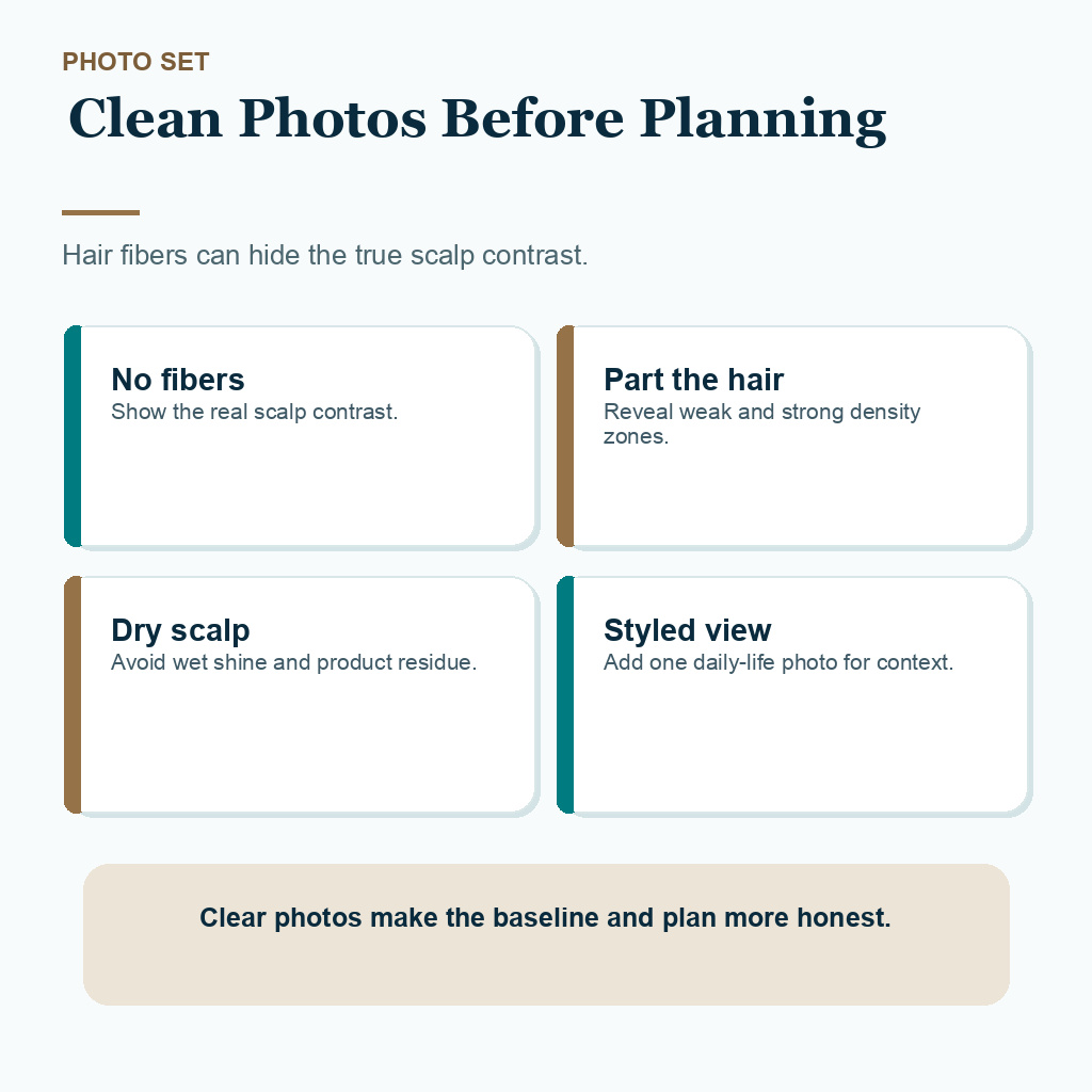 Support card explaining clean photo requirements before hair transplant planning when hair fibers are used.