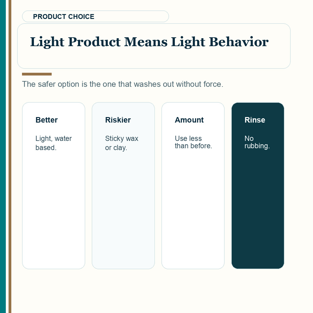 Hair gel wax hairspray after hair transplant slide explaining light product means light behavior
