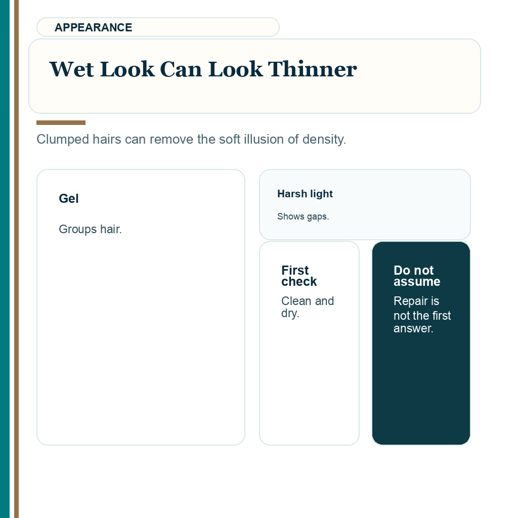 Hair gel wax hairspray after hair transplant slide explaining wet look can look thinner