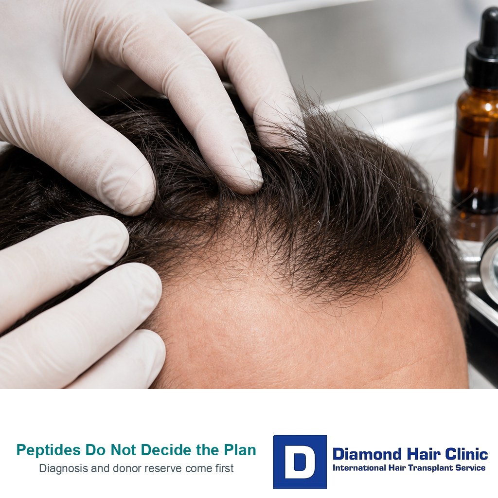 Surgeon examining a hairline while peptide products remain secondary to the clinical plan