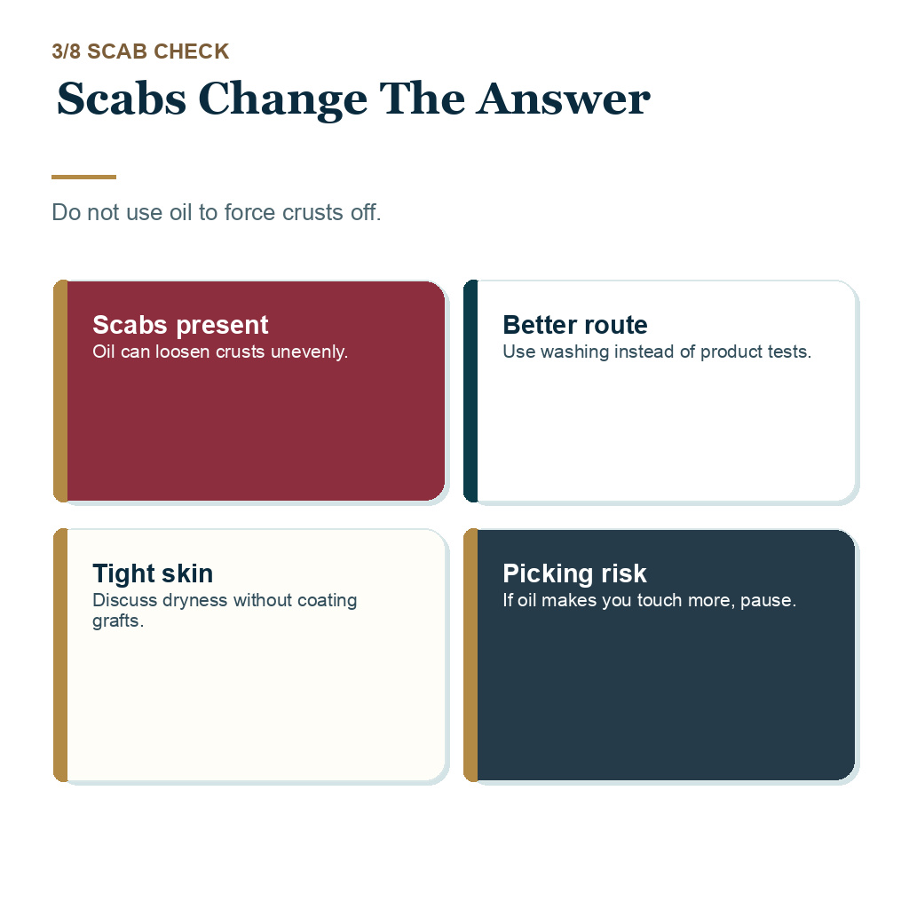 Hair oil after hair transplant, scabs change the answer.