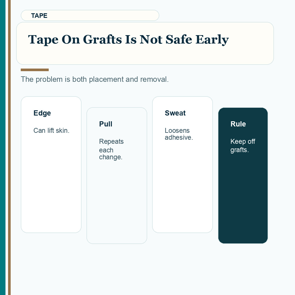 Hair system after hair transplant slide explaining tape on grafts
