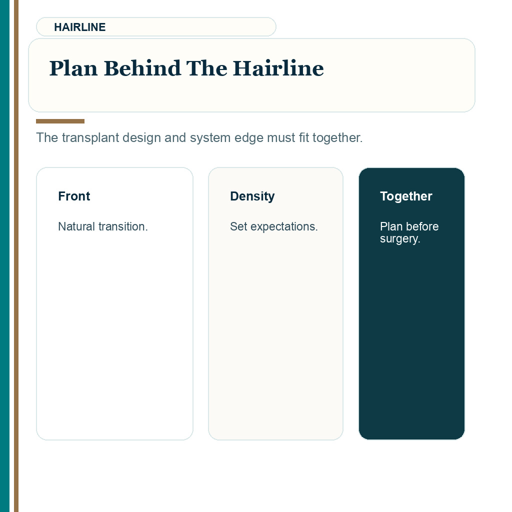 Hair system after hair transplant slide explaining behind hairline planning