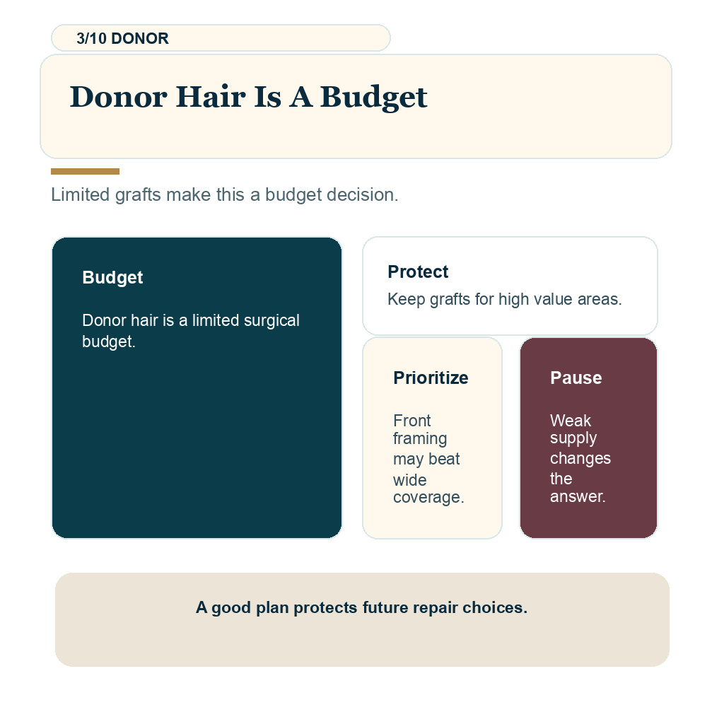 Hair system or hair transplant slide 3 explaining donor hair is a budget.