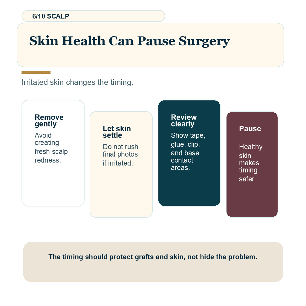 Hair system or hair transplant slide 6 explaining skin health can pause surgery.