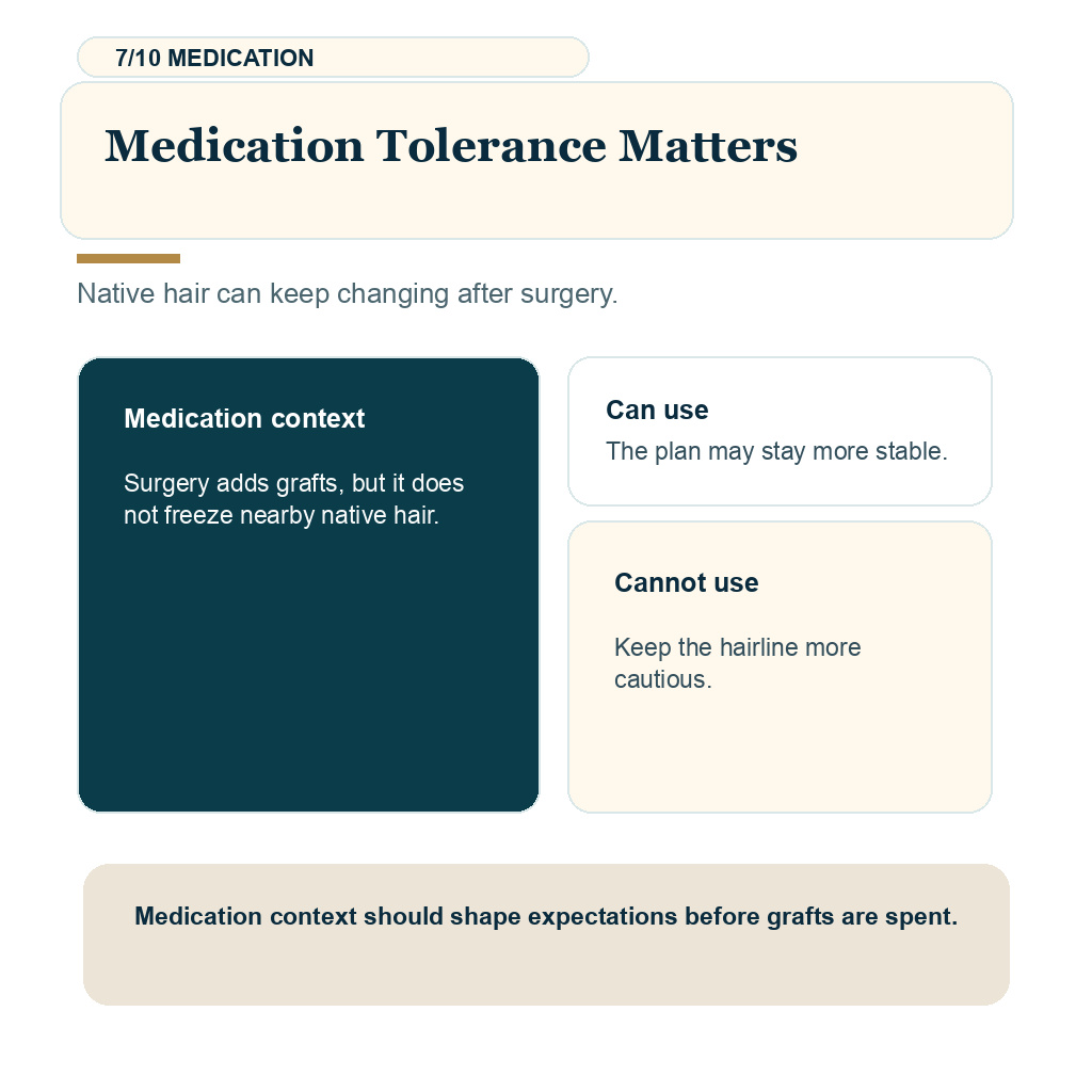 Hair system or hair transplant slide 7 explaining medication tolerance matters.