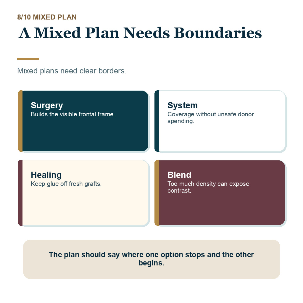 Hair system or hair transplant slide 8 explaining a mixed plan needs boundaries.