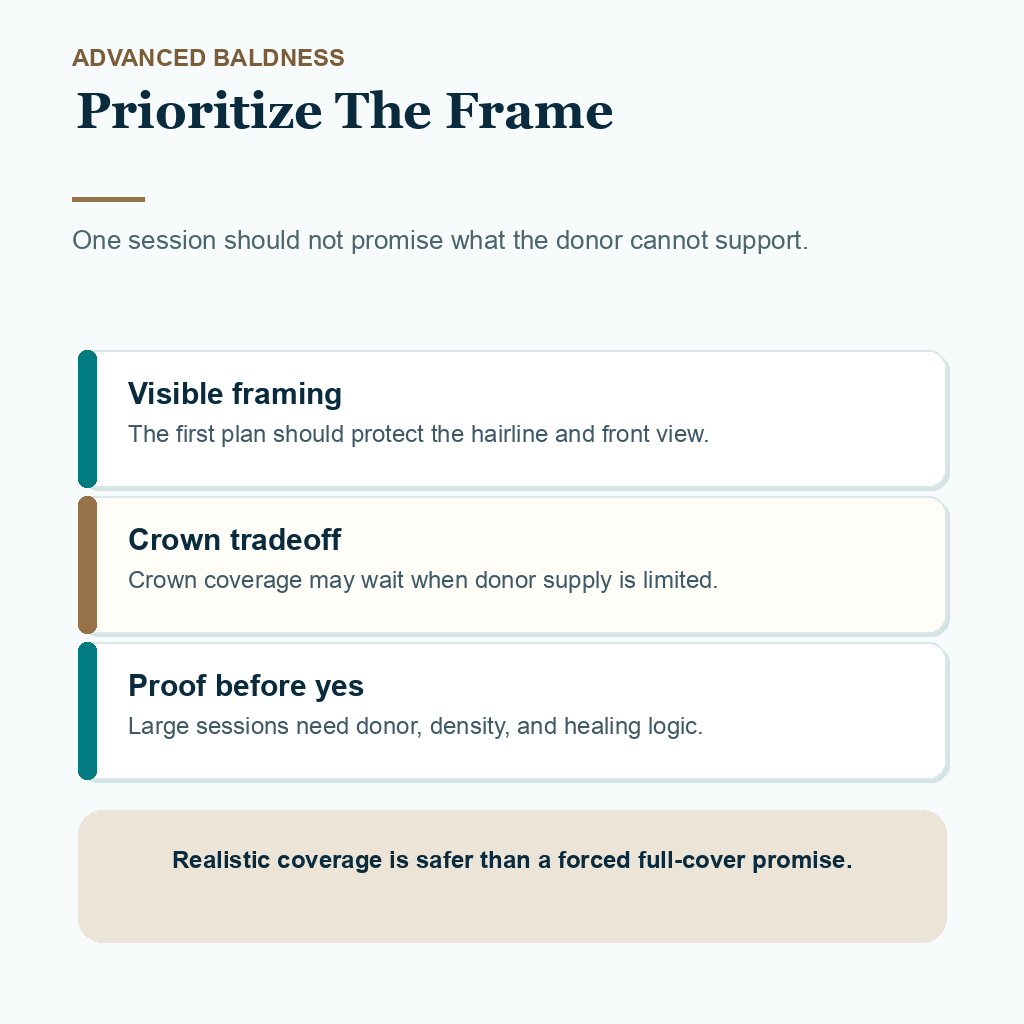 Diamond Hair Clinic support card showing planning checks before one large hair transplant session for advanced baldness
