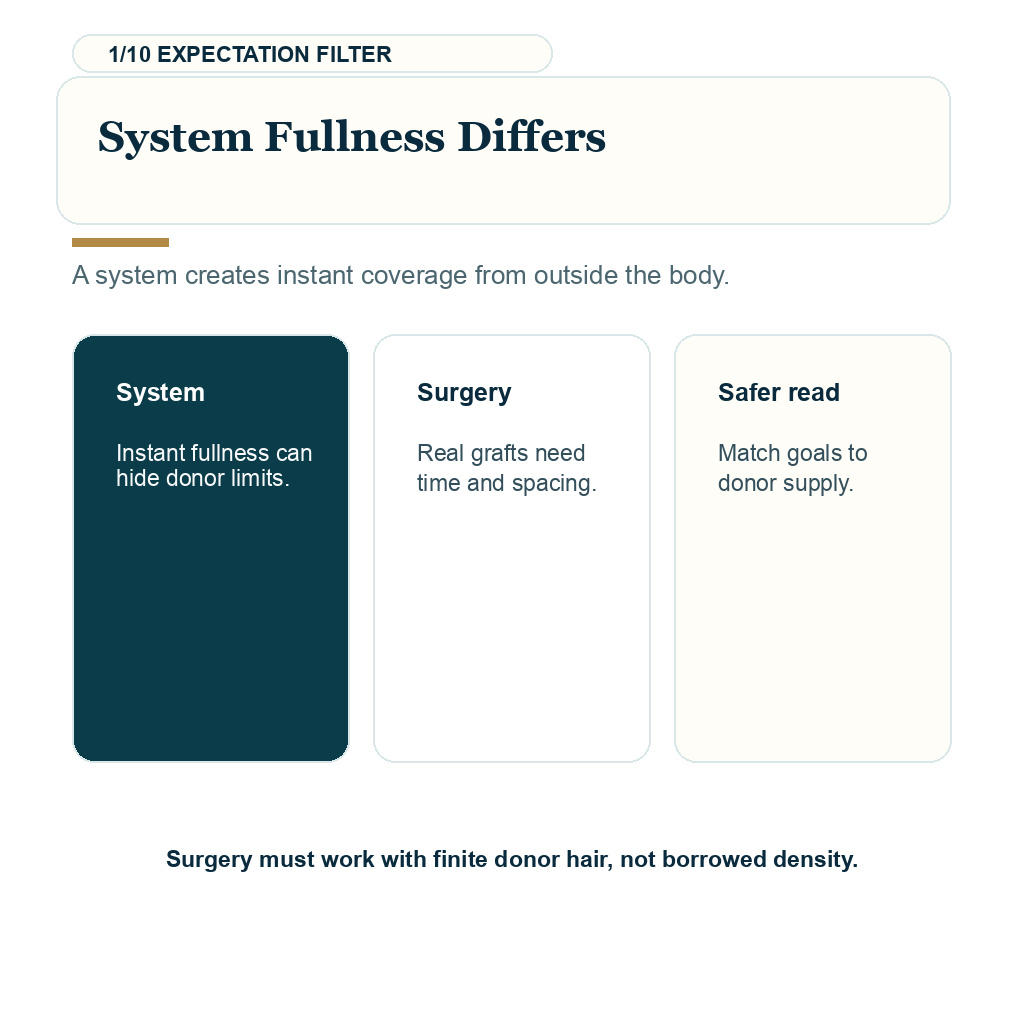 Hair transplant after hair system, system fullness differs.
