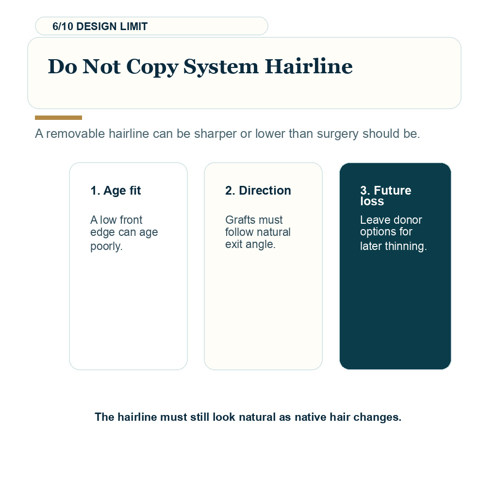 Hair transplant after hair system, do not copy system hairline.