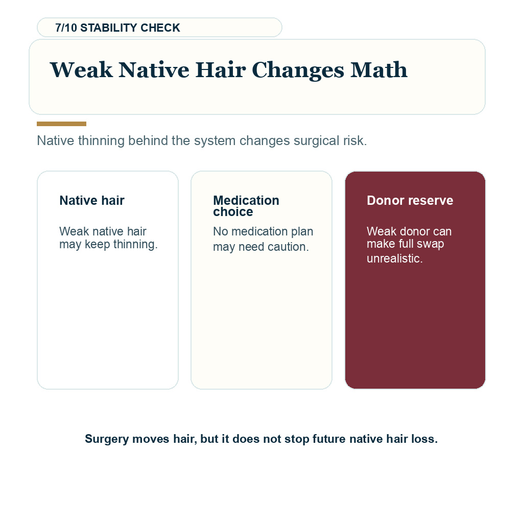 Hair transplant after hair system, weak native hair changes math.