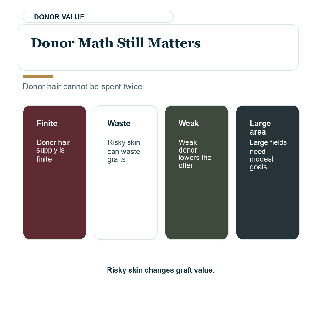 Donor reserve should not be spent on risky radiated scalp without clear benefit
