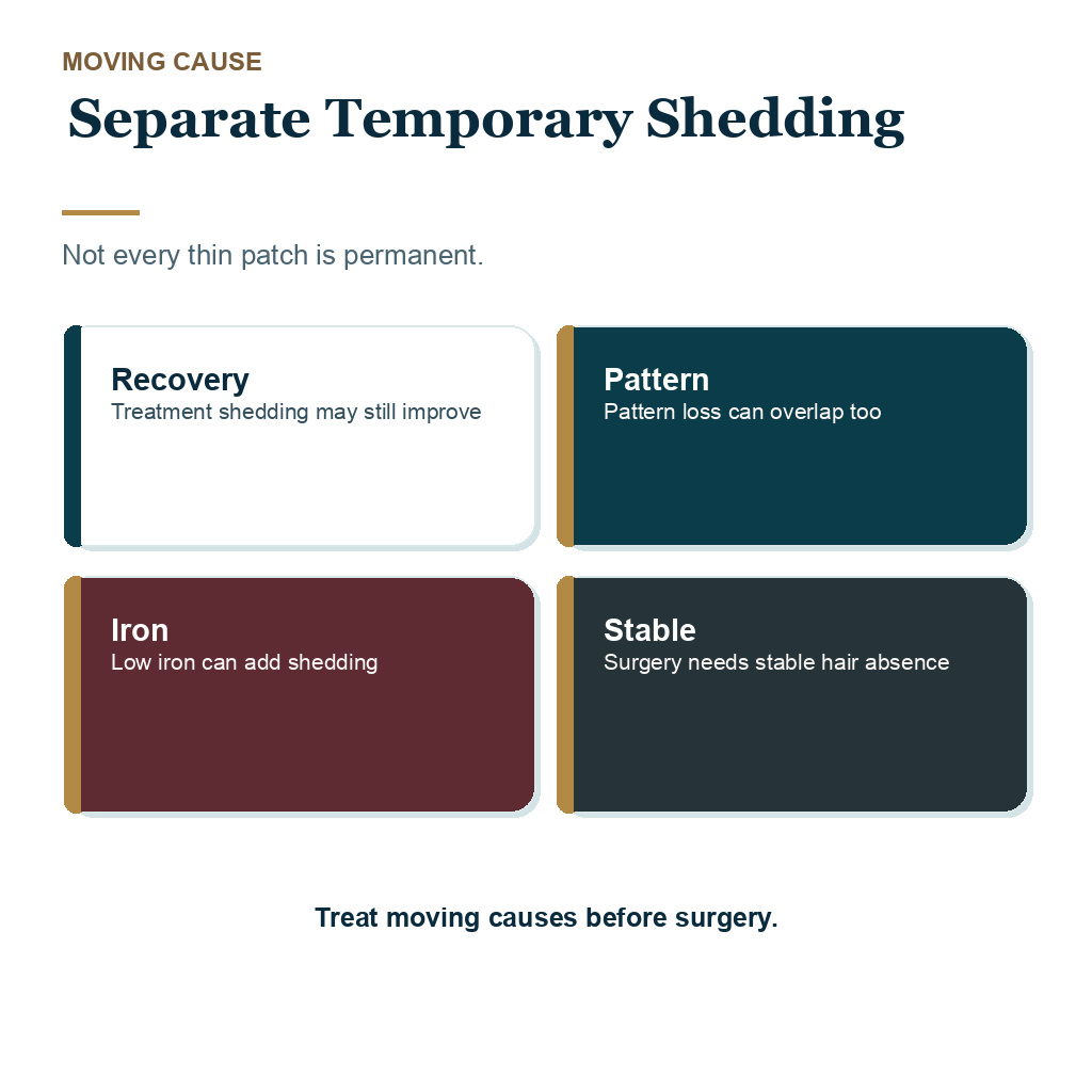 Temporary shedding should be separated from permanent loss before surgery decisions