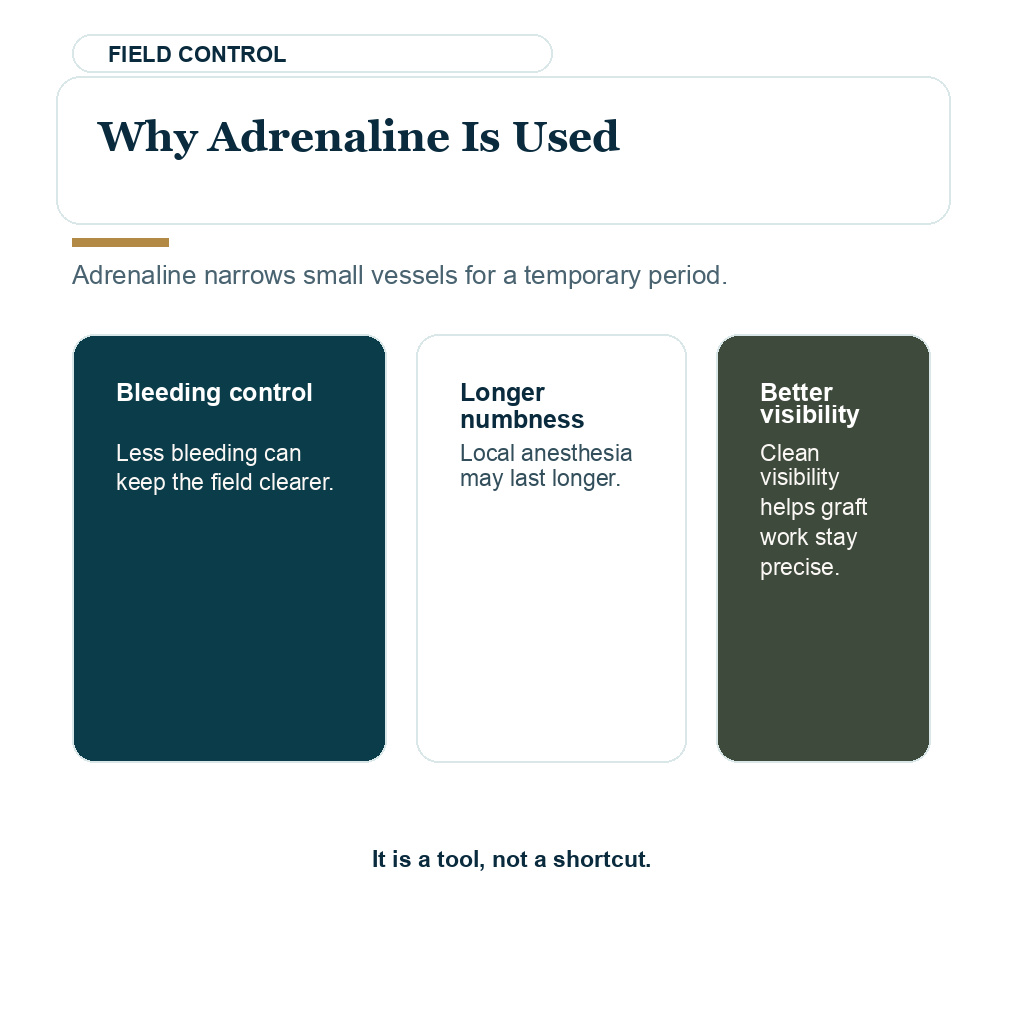 Anesthesia and adrenaline safety visual explaining why adrenaline is used during hair transplant surgery