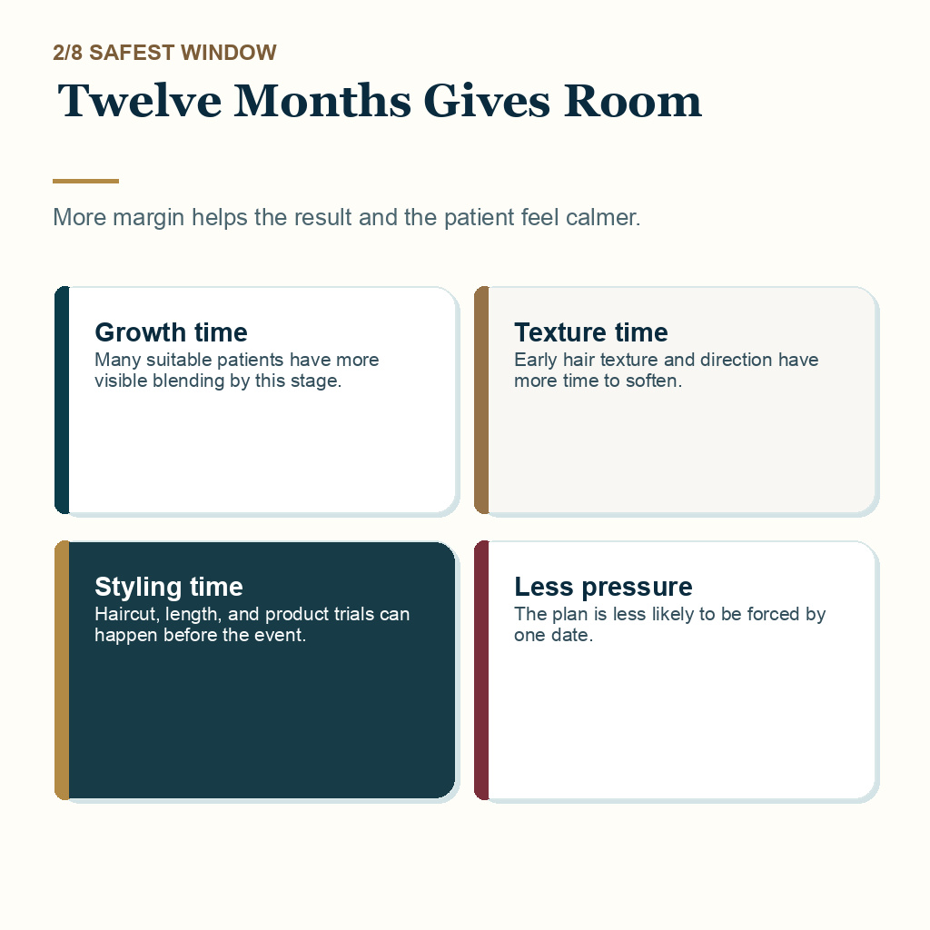 FUE timing before a wedding, twelve months gives room.