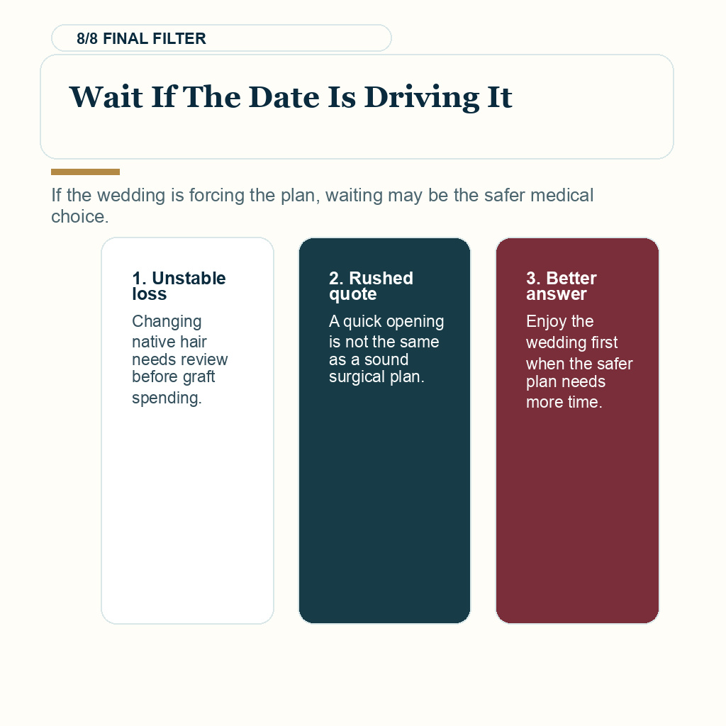 FUE timing before a wedding, wait if the date is driving it.