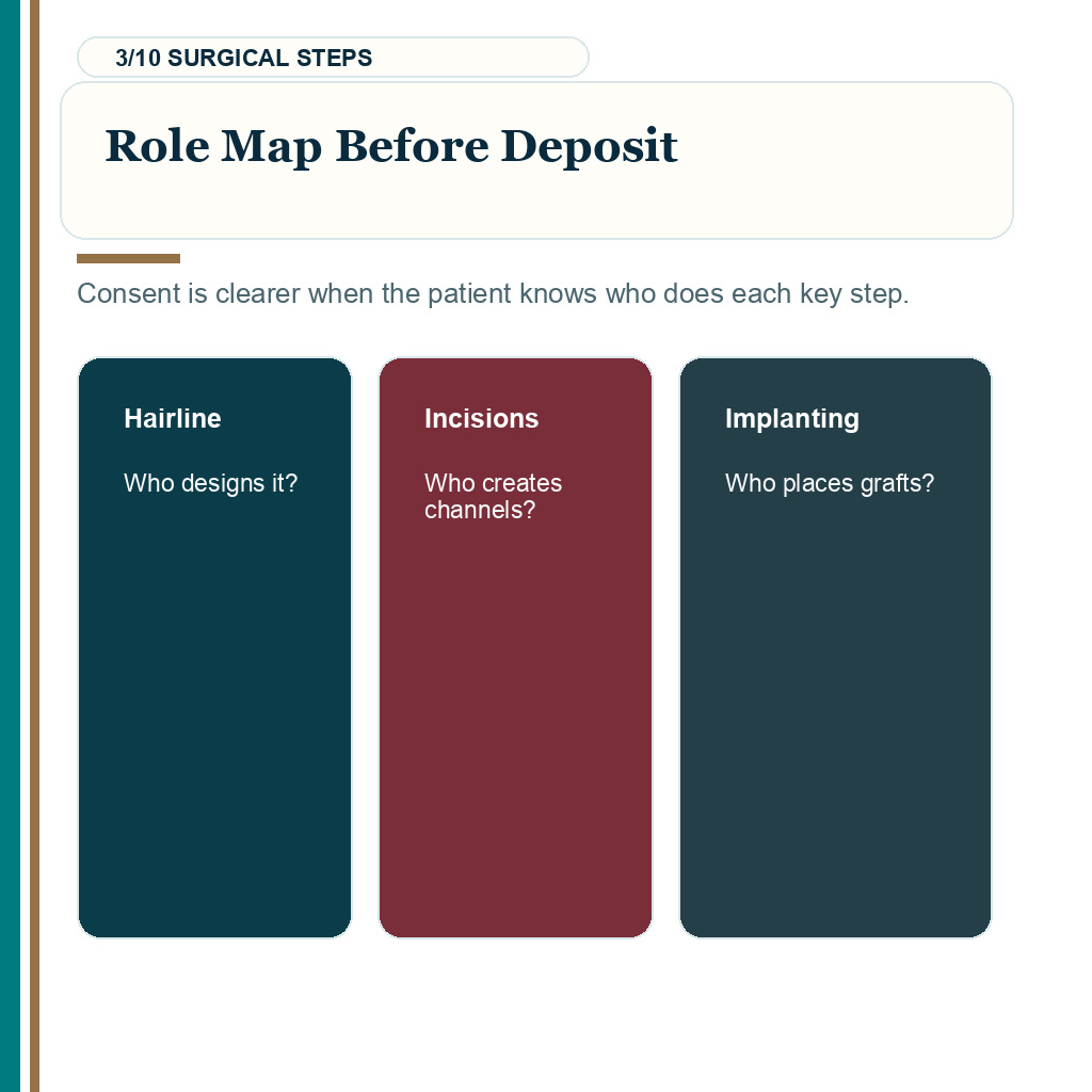Hair transplant booking messages, role map before deposit.