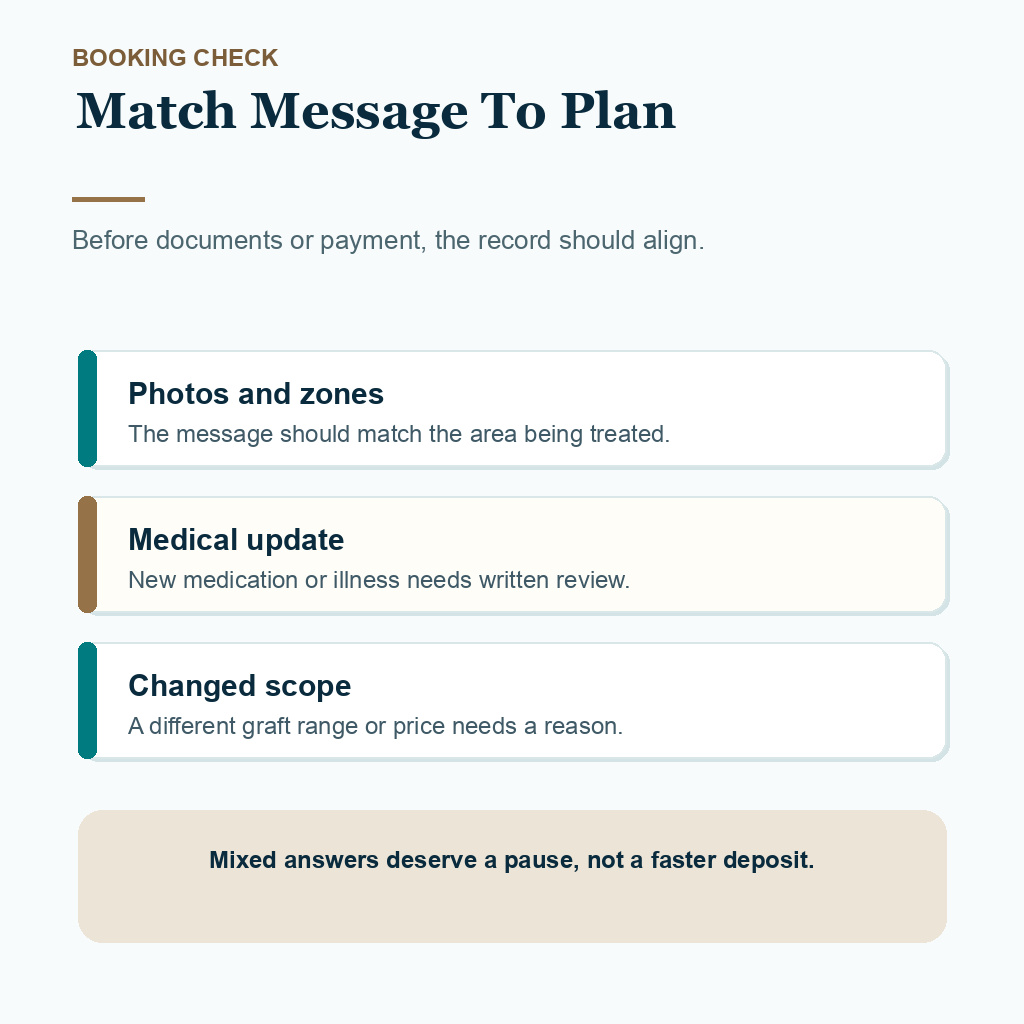 Diamond Hair Clinic support card showing booking message checks before documents or payment