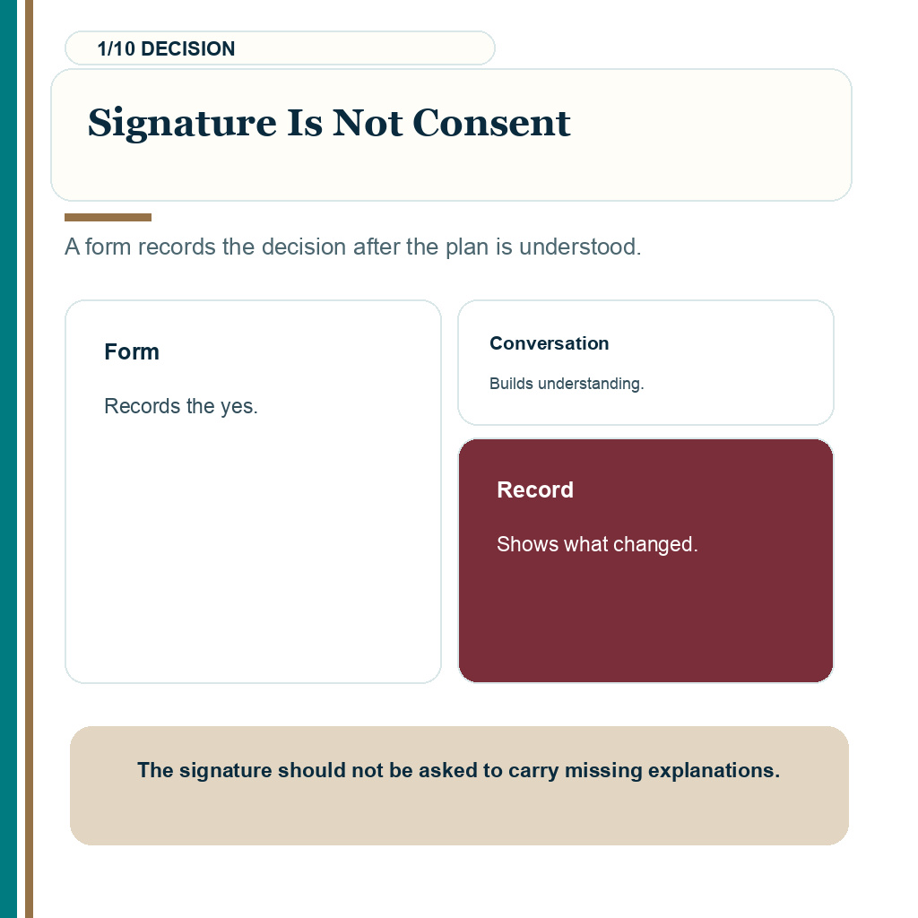 Slide 1 of 10 explaining signature is not consent before hair transplant consent.