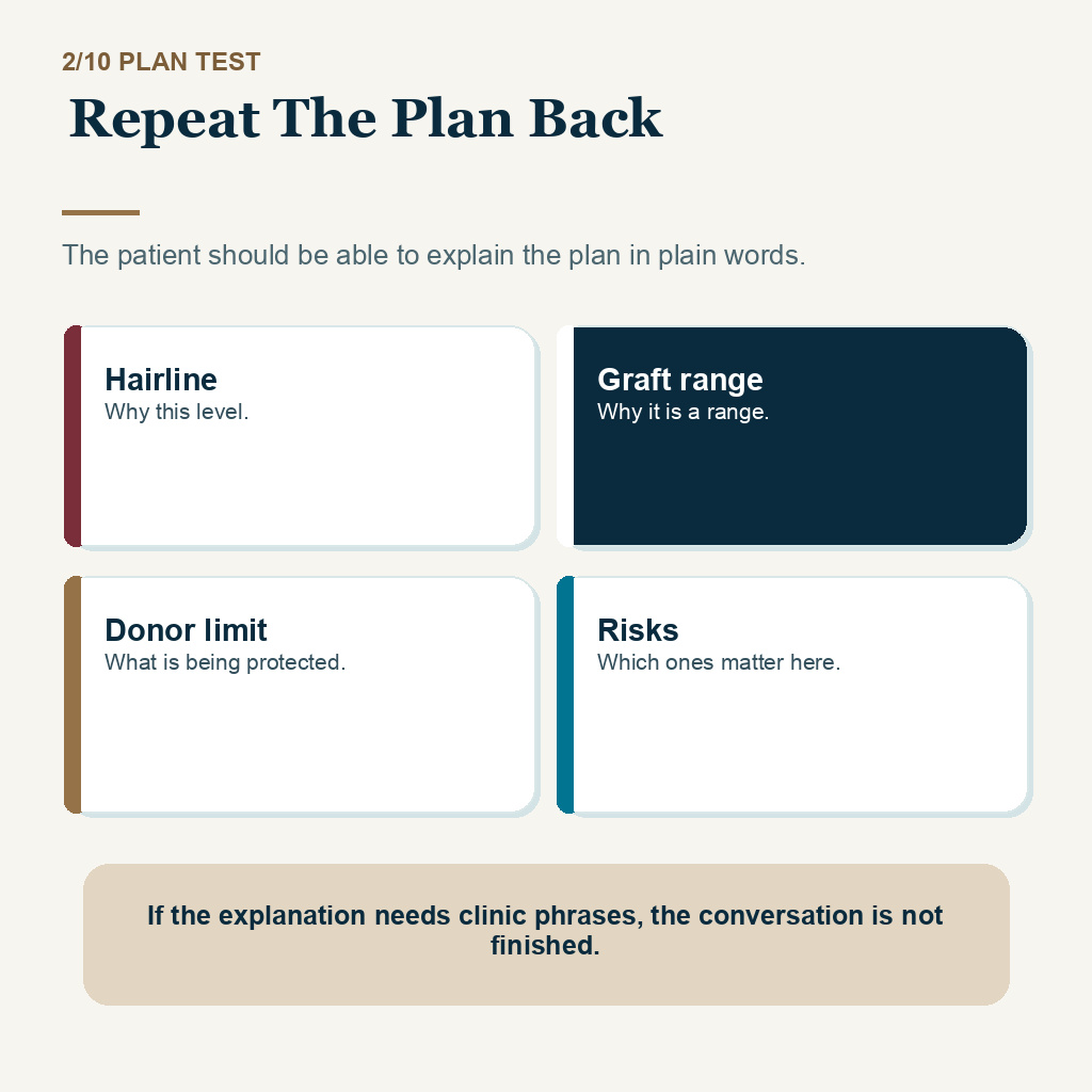 Slide 2 of 10 explaining repeat the plan back before hair transplant consent.