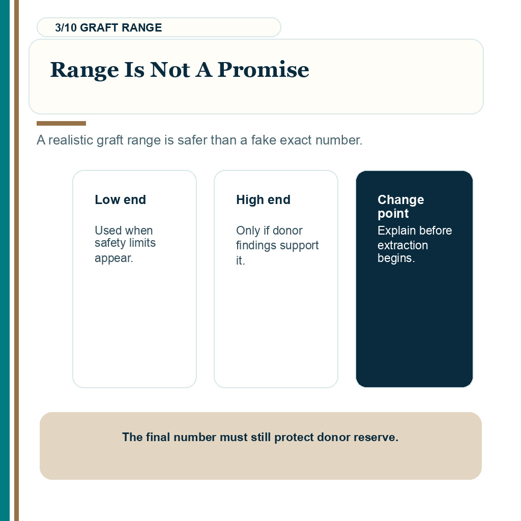 Slide 3 of 10 explaining range is not a promise before hair transplant consent.