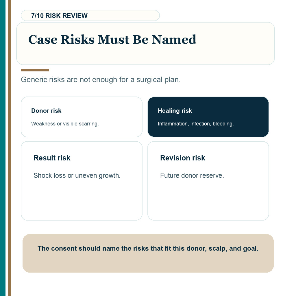 Slide 7 of 10 explaining case risks must be named before hair transplant consent.