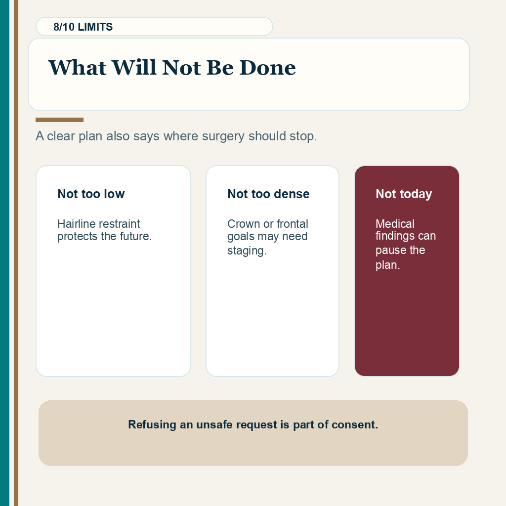 Slide 8 of 10 explaining what will not be done before hair transplant consent.