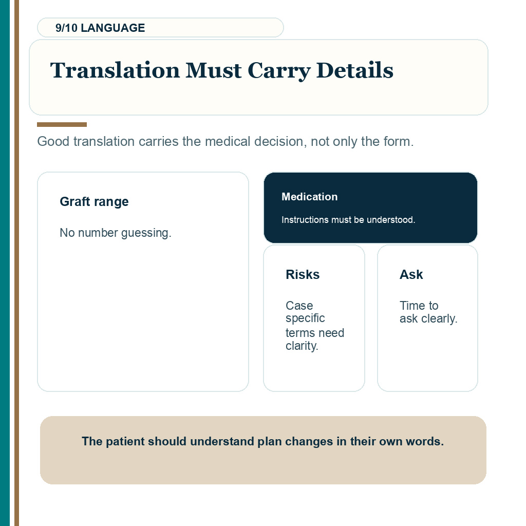 Slide 9 of 10 explaining translation must carry details before hair transplant consent.