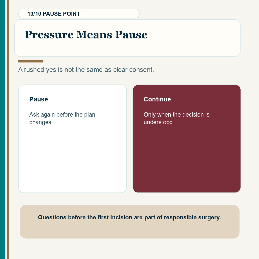 Slide 10 of 10 explaining pressure means pause before hair transplant consent.