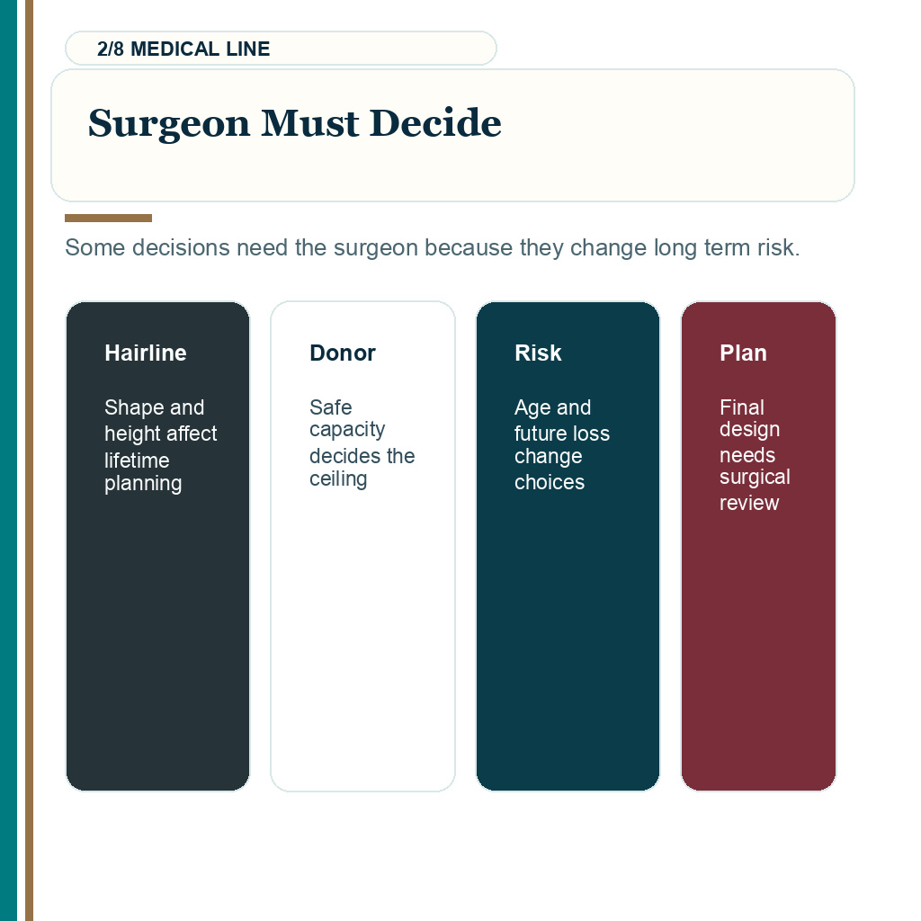 Hair transplant coordinator surgical plan, surgeon must decide.