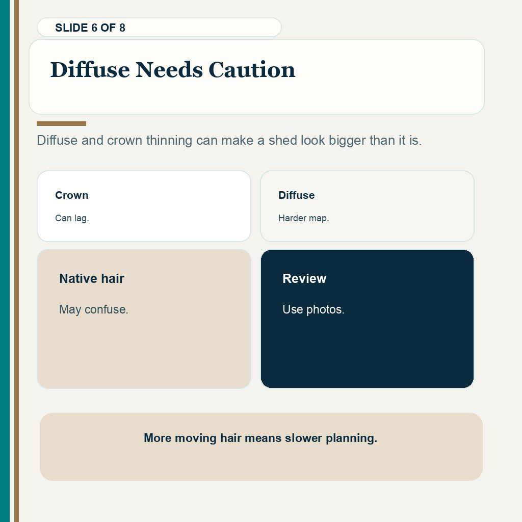 Diffuse needs caution when planning hair transplant timing during a minoxidil shed.