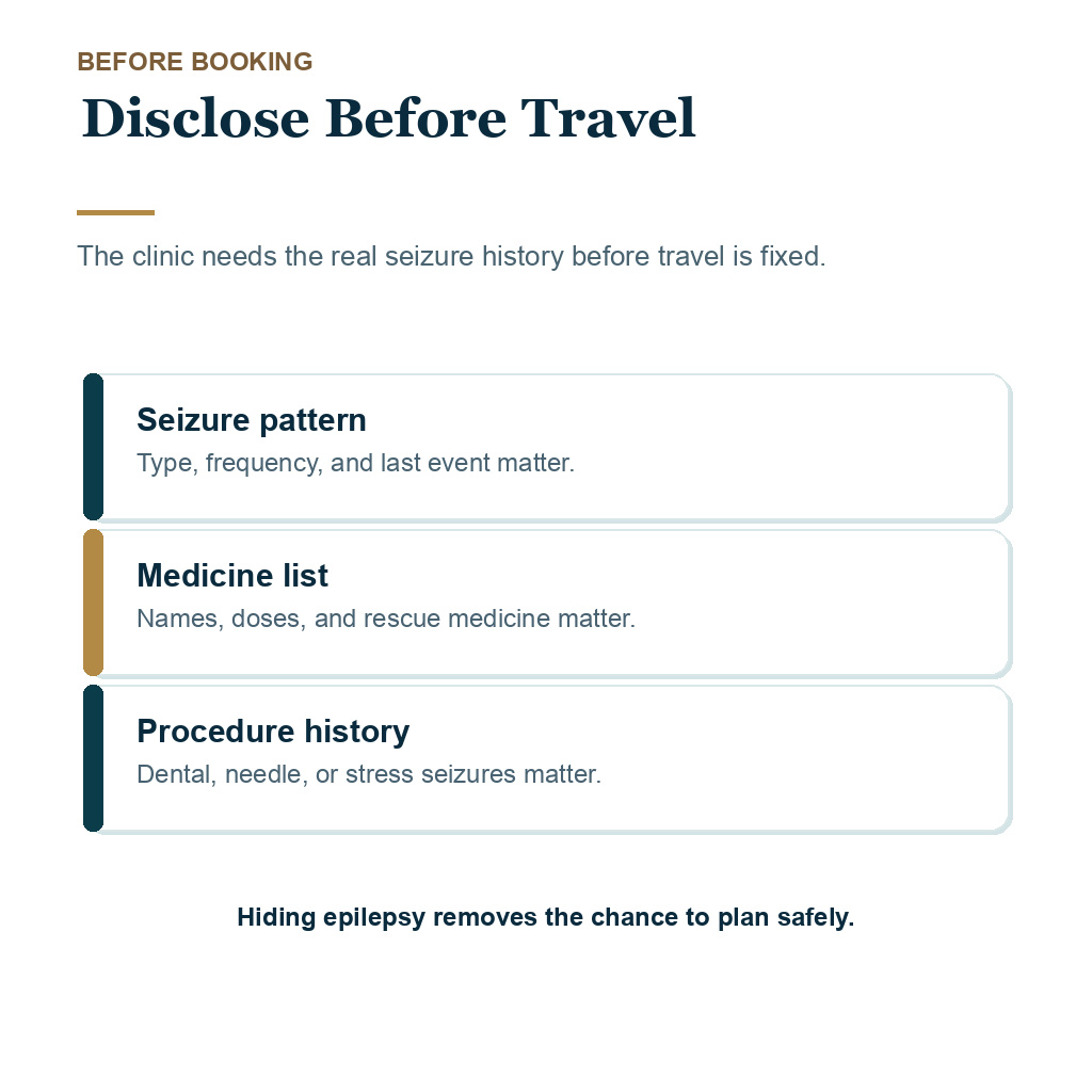 Epilepsy hair transplant planning visual about sharing seizure history before travel