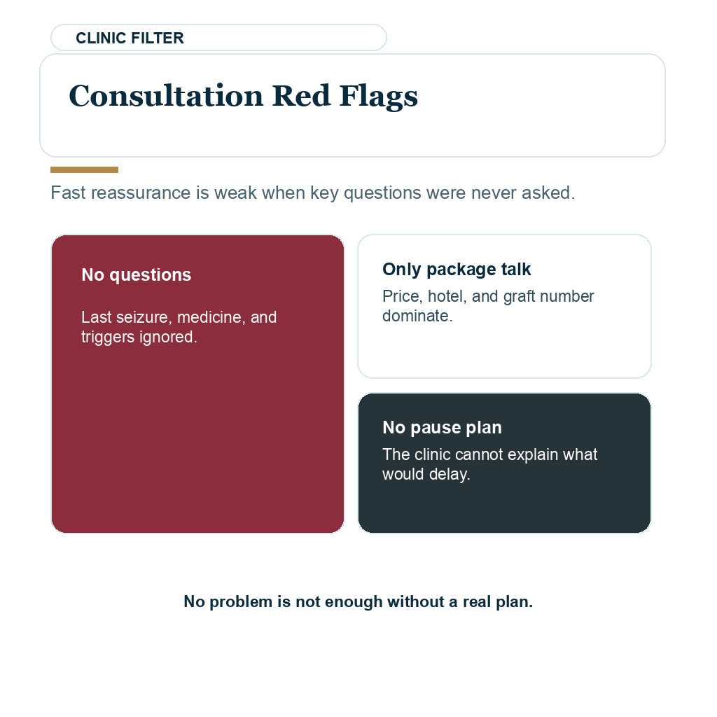 Epilepsy hair transplant planning visual about consultation red flags when epilepsy is ignored