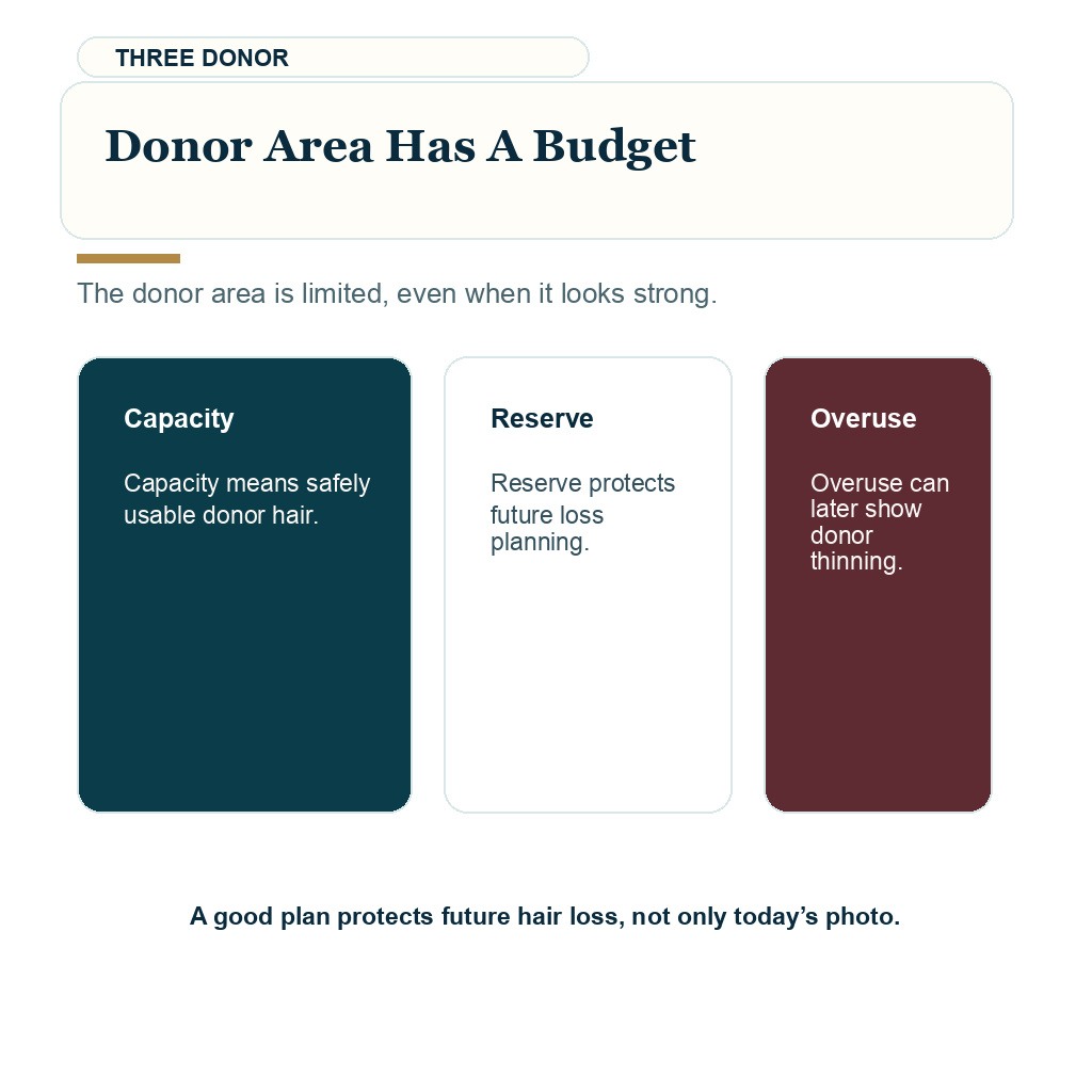 Hair transplant glossary explaining donor area has a budget.