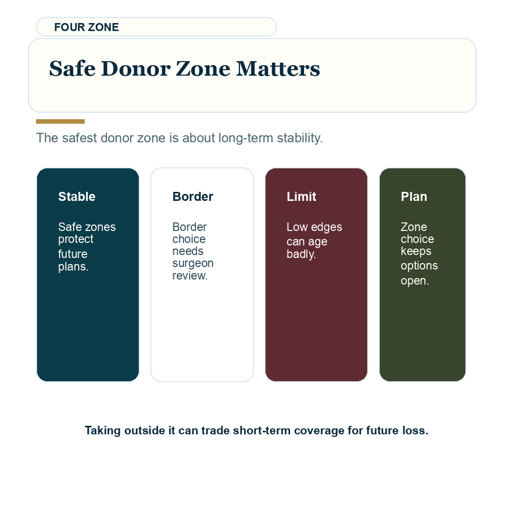 Hair transplant glossary explaining safe donor zone matters.