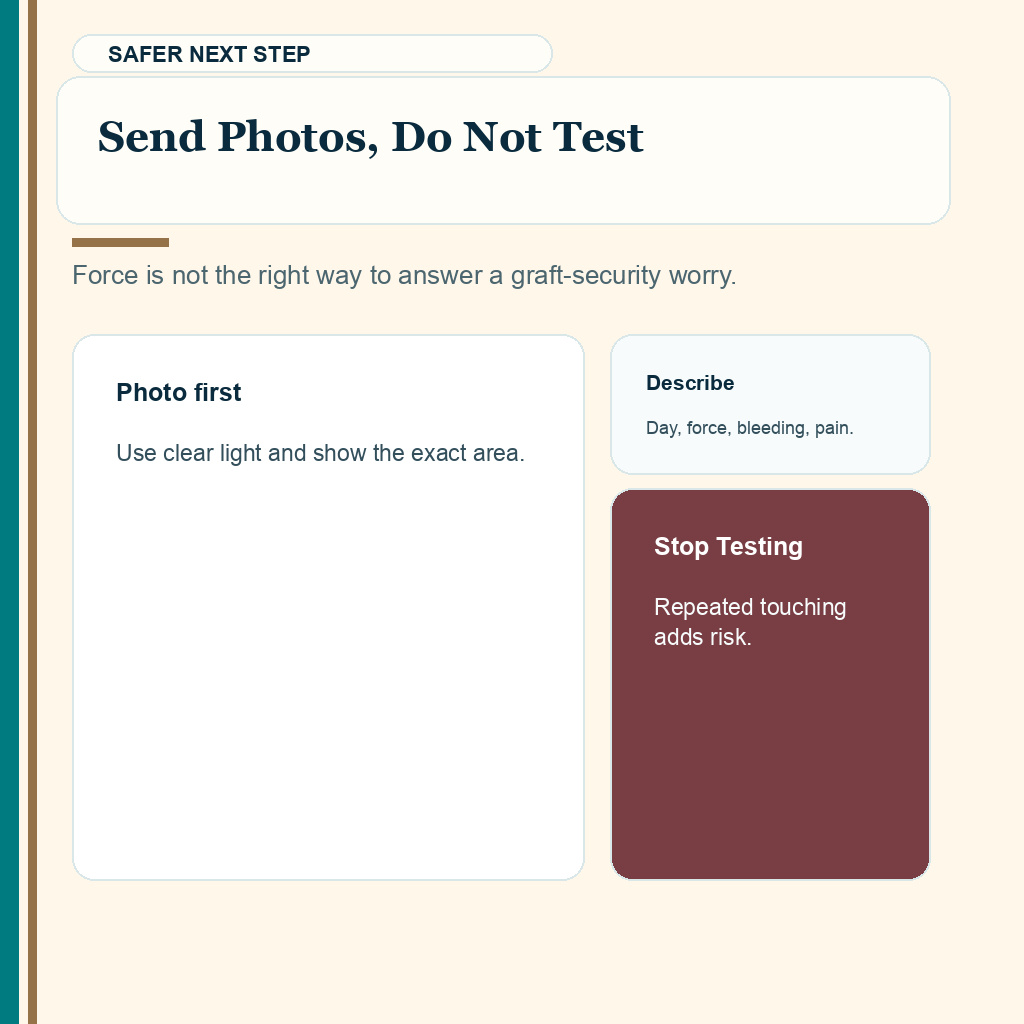 When hair transplant grafts are secure slide 10 explaining send photos, do not test