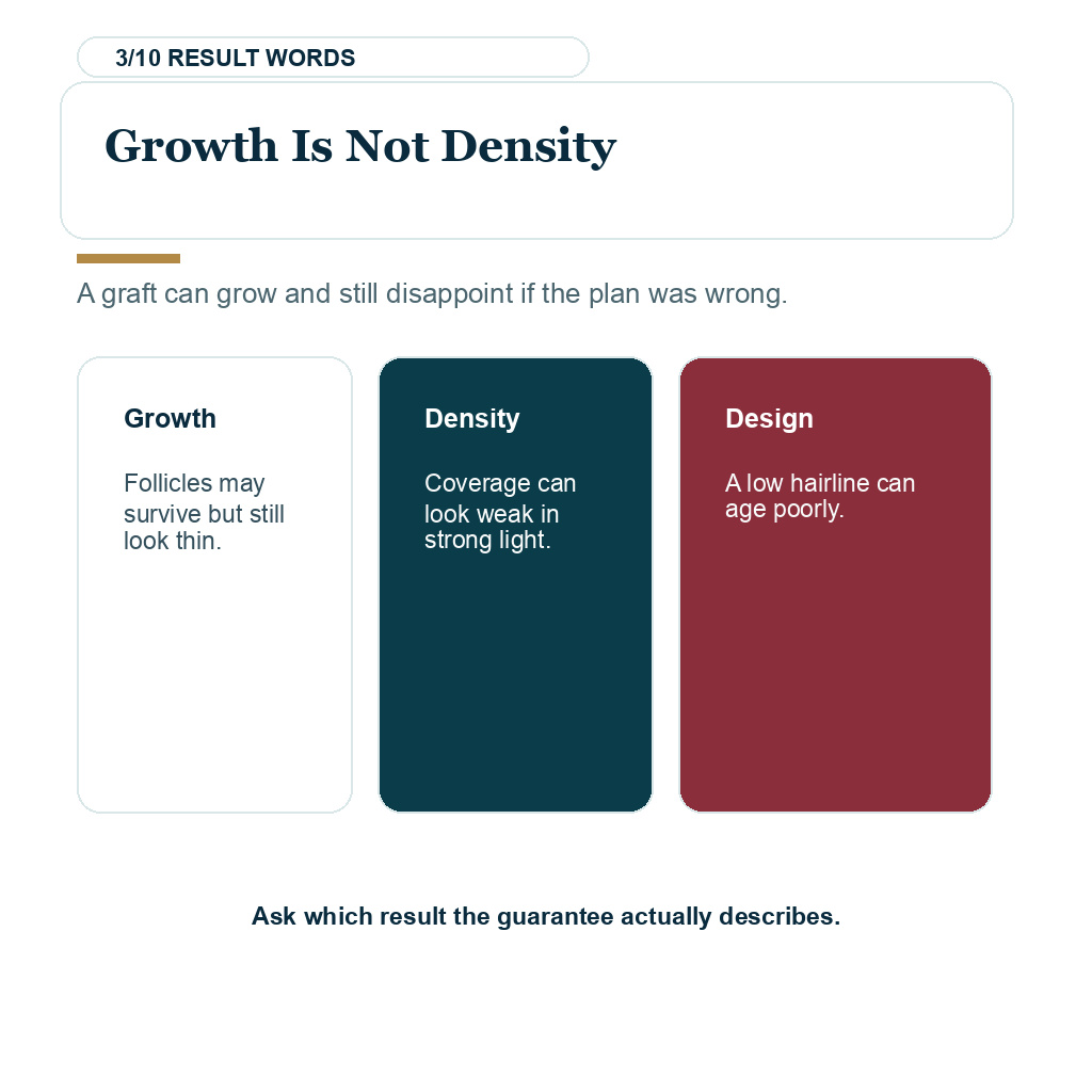 Hair transplant guarantee slide 3 explaining growth is not density.