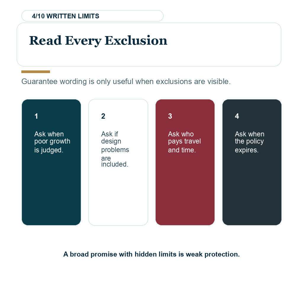 Hair transplant guarantee slide 4 explaining read every exclusion.